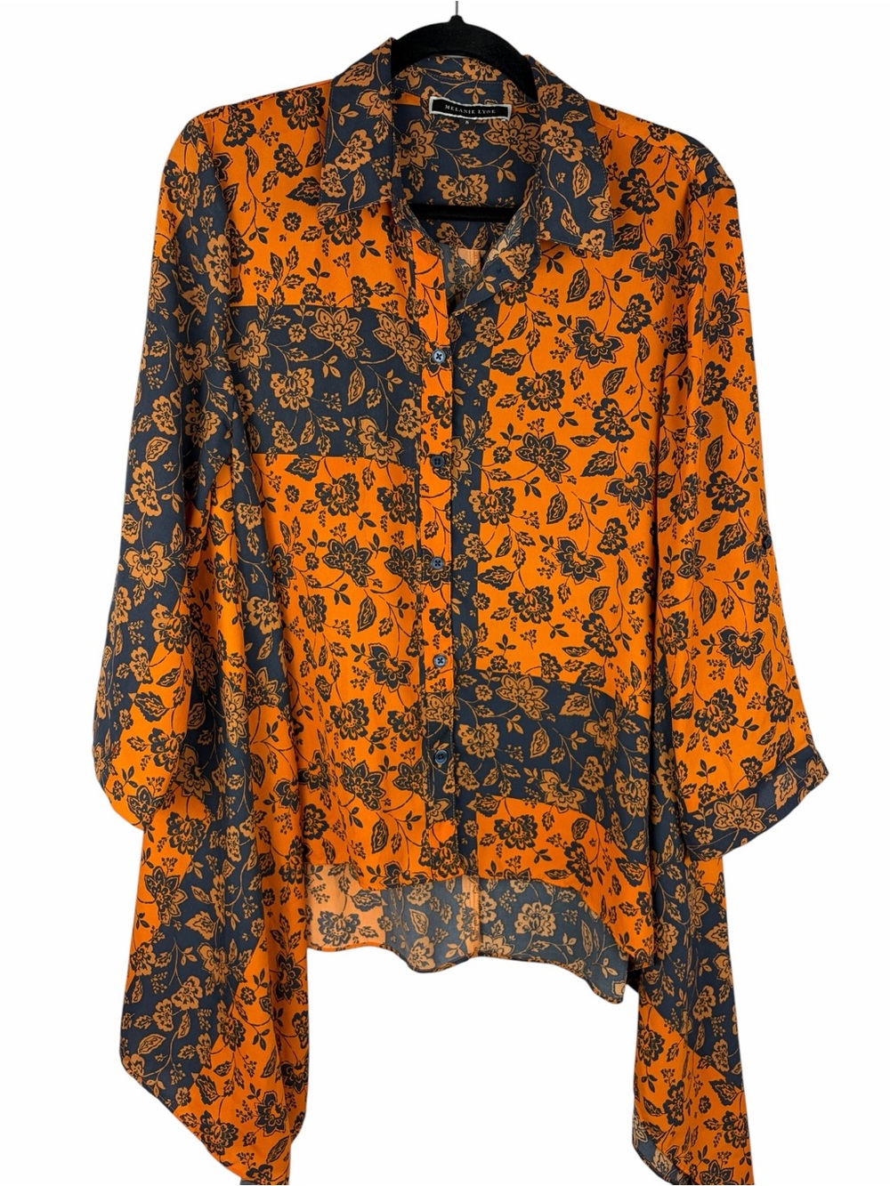 Melanie Lyne Orange Navy Floral Patchwork Blouse Size 8